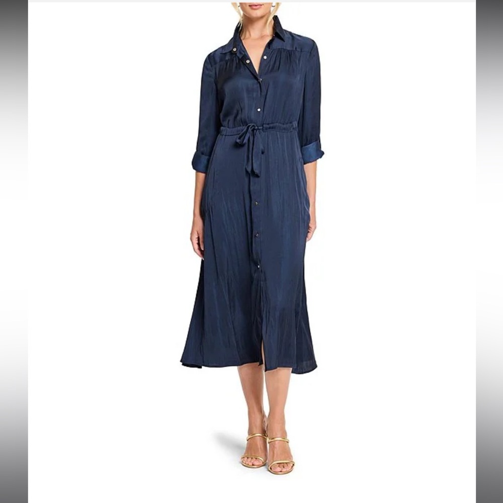 Nic and Zoe Glossy Crinkle Julie Point Collar Long Roll Tab Sleeve Midi Dress